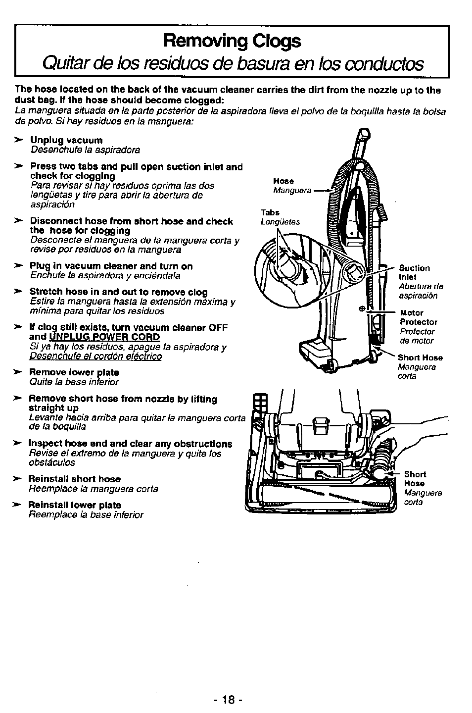 Removing clogs, Quitar de los residuos de basura en los cxxiductos | Panasonic MC-V5726 User Manual | Page 18 / 24
