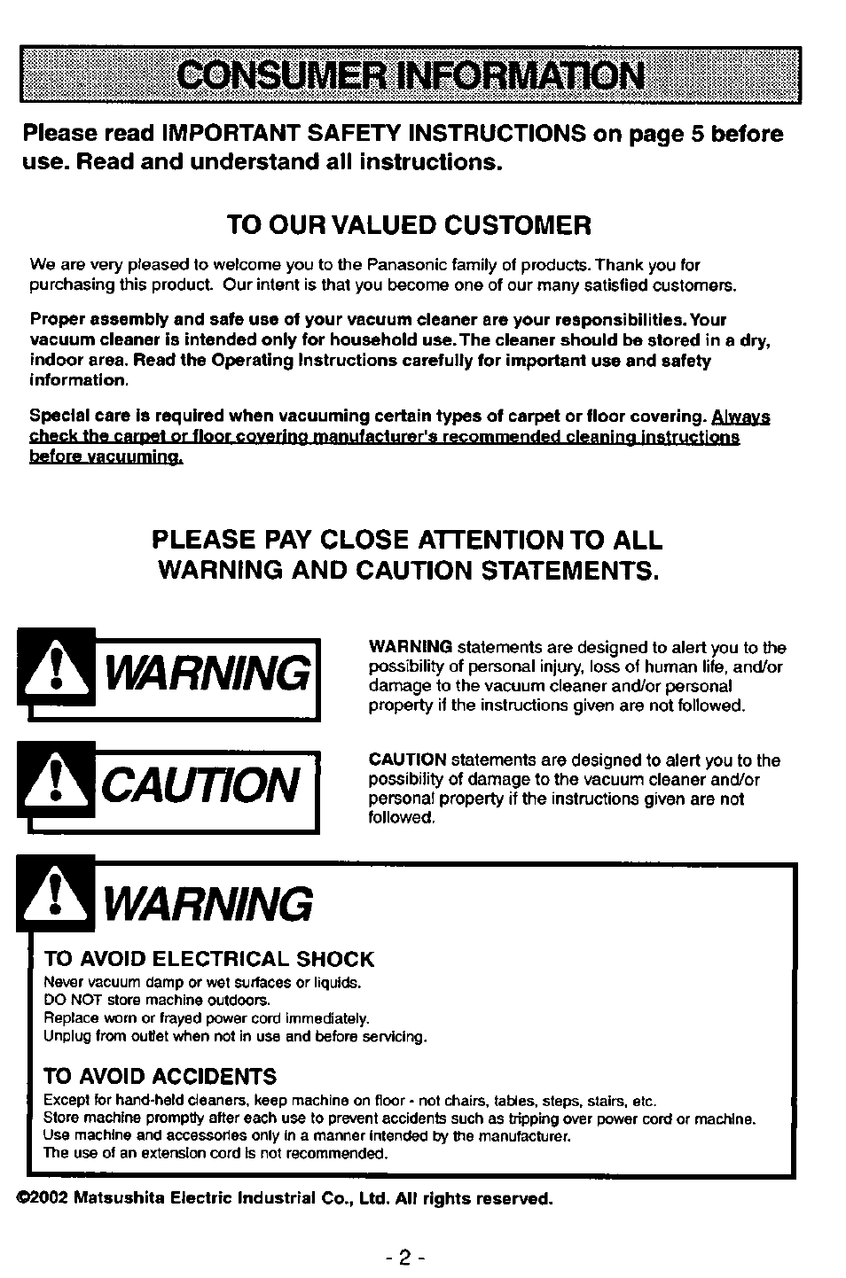 Consumer informationi, Warning, Caution | Awarning a caution, Awarning | Panasonic MC-V5726 User Manual | Page 2 / 24