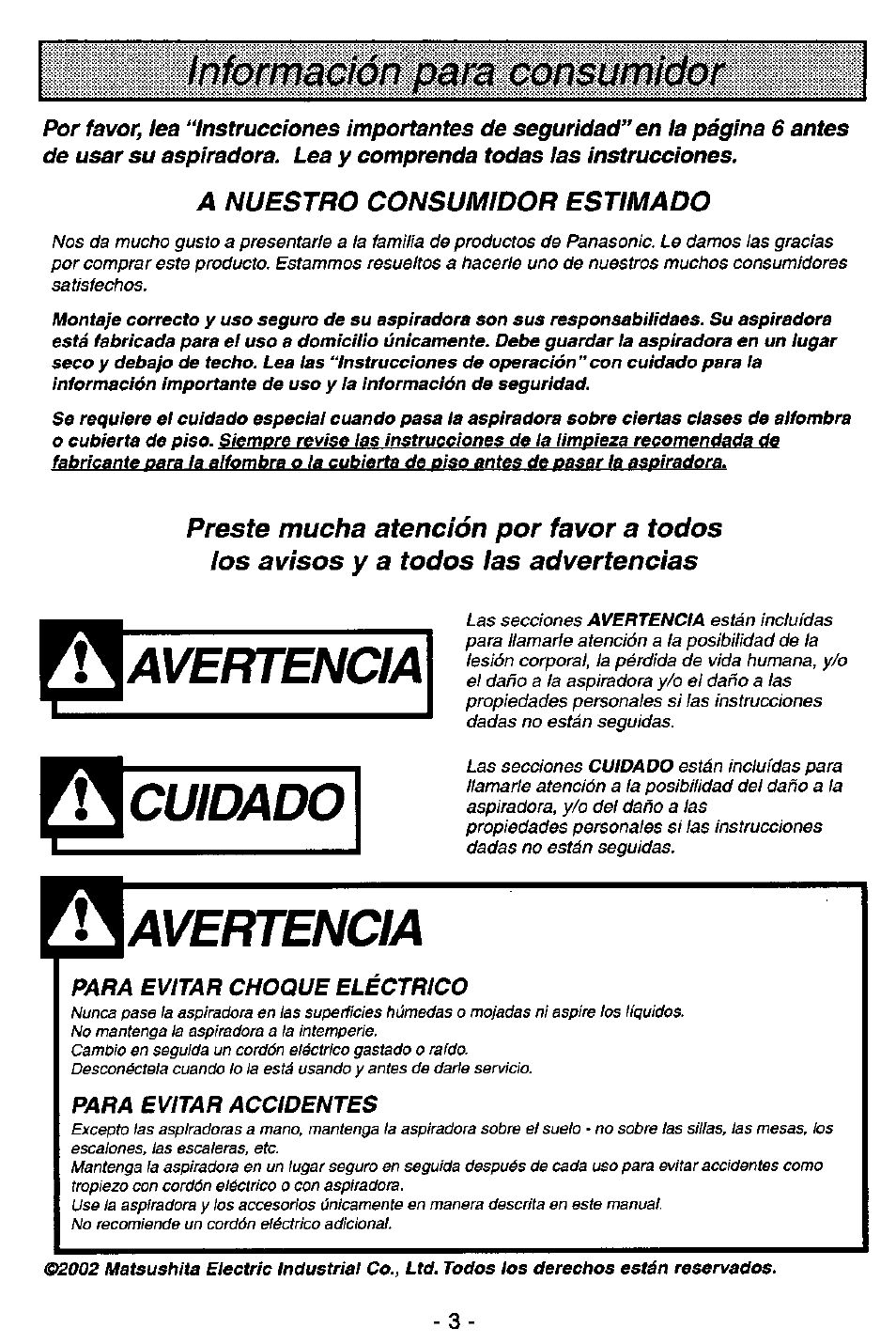 Avertencia, Cuidado, Aavertencia | Información para consumidor | Panasonic MC-V5726 User Manual | Page 3 / 24