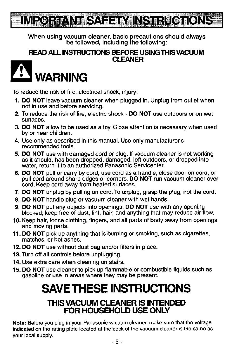 Warning, Save these instructions | Panasonic MC-V5726 User Manual | Page 5 / 24
