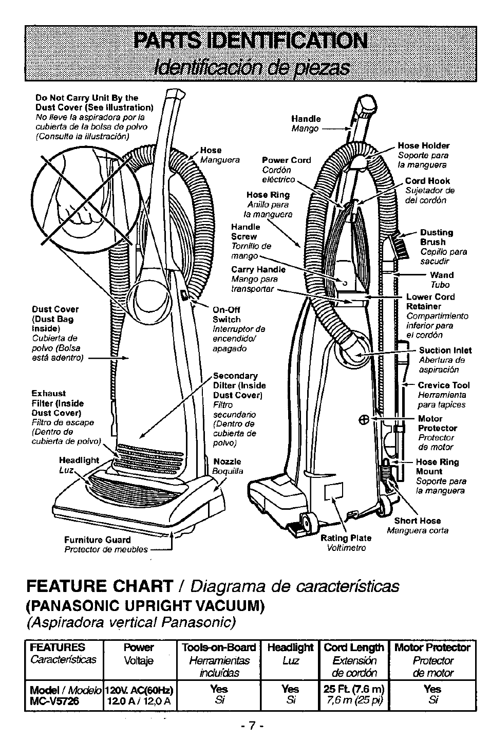 Parts idemnplcatk)n, Feature chart / diagrama de características | Panasonic MC-V5726 User Manual | Page 7 / 24