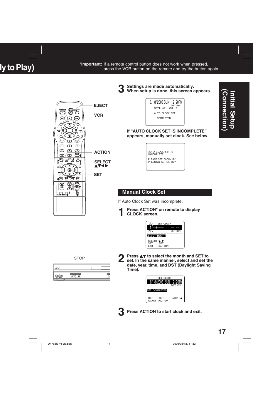 Dy to play), Initial setup (connection) | Panasonic PV-D4753S User Manual | Page 17 / 68