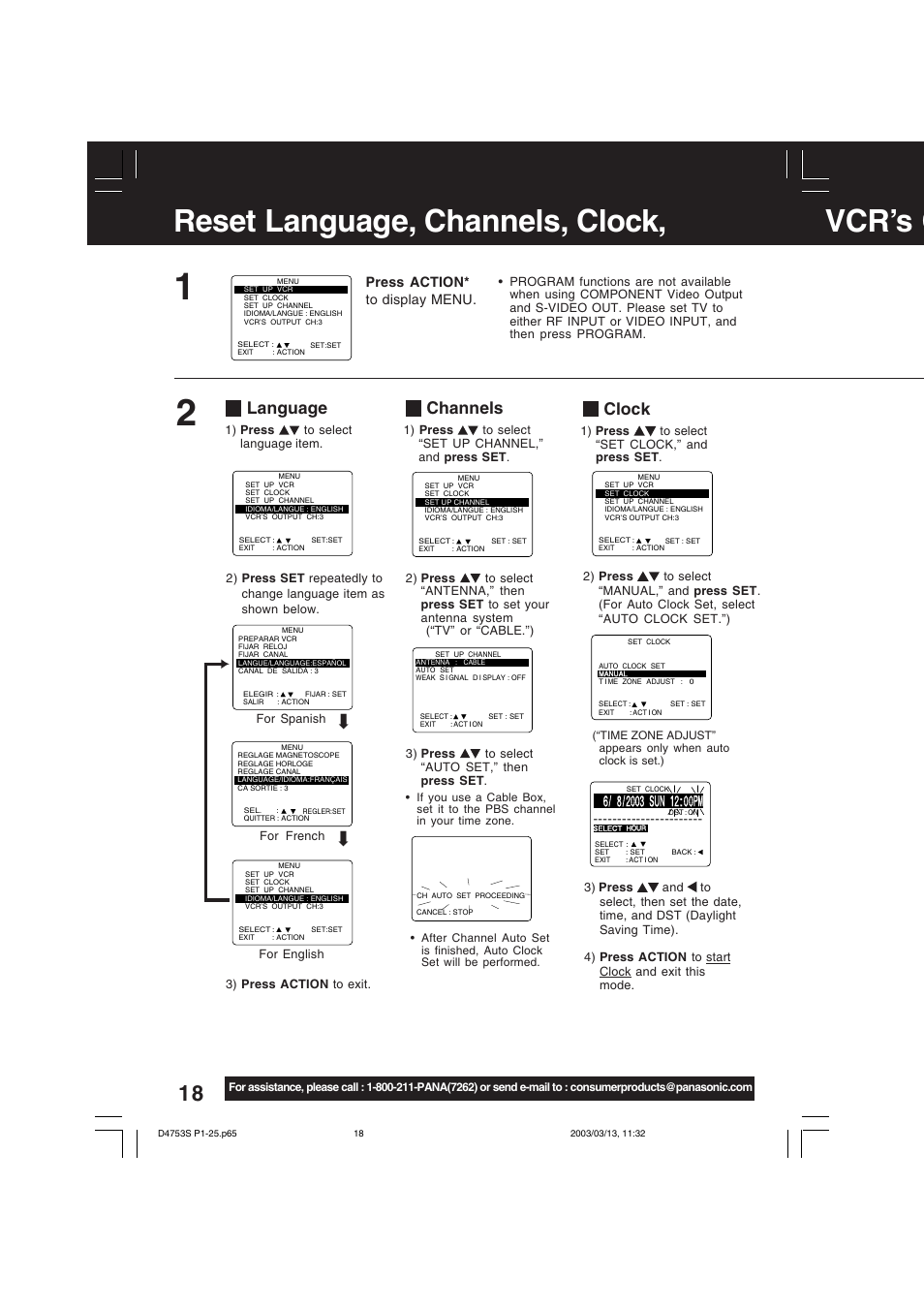 Basic operation, Reset language, channels, clock, vcr’s o, Clock | Language, Channels, Press action* to display menu | Panasonic PV-D4753S User Manual | Page 18 / 68