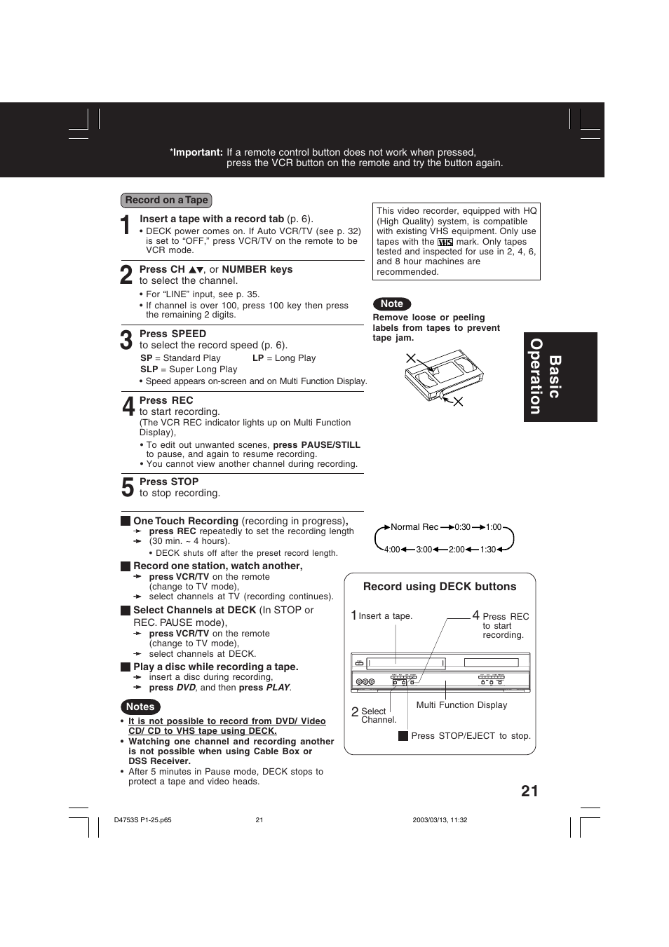 Basic operation | Panasonic PV-D4753S User Manual | Page 21 / 68