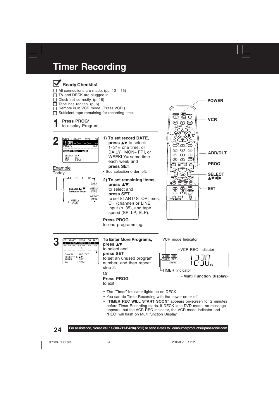 Vcr operation, Timer recording, Example | Ready checklist | Panasonic PV-D4753S User Manual | Page 24 / 68