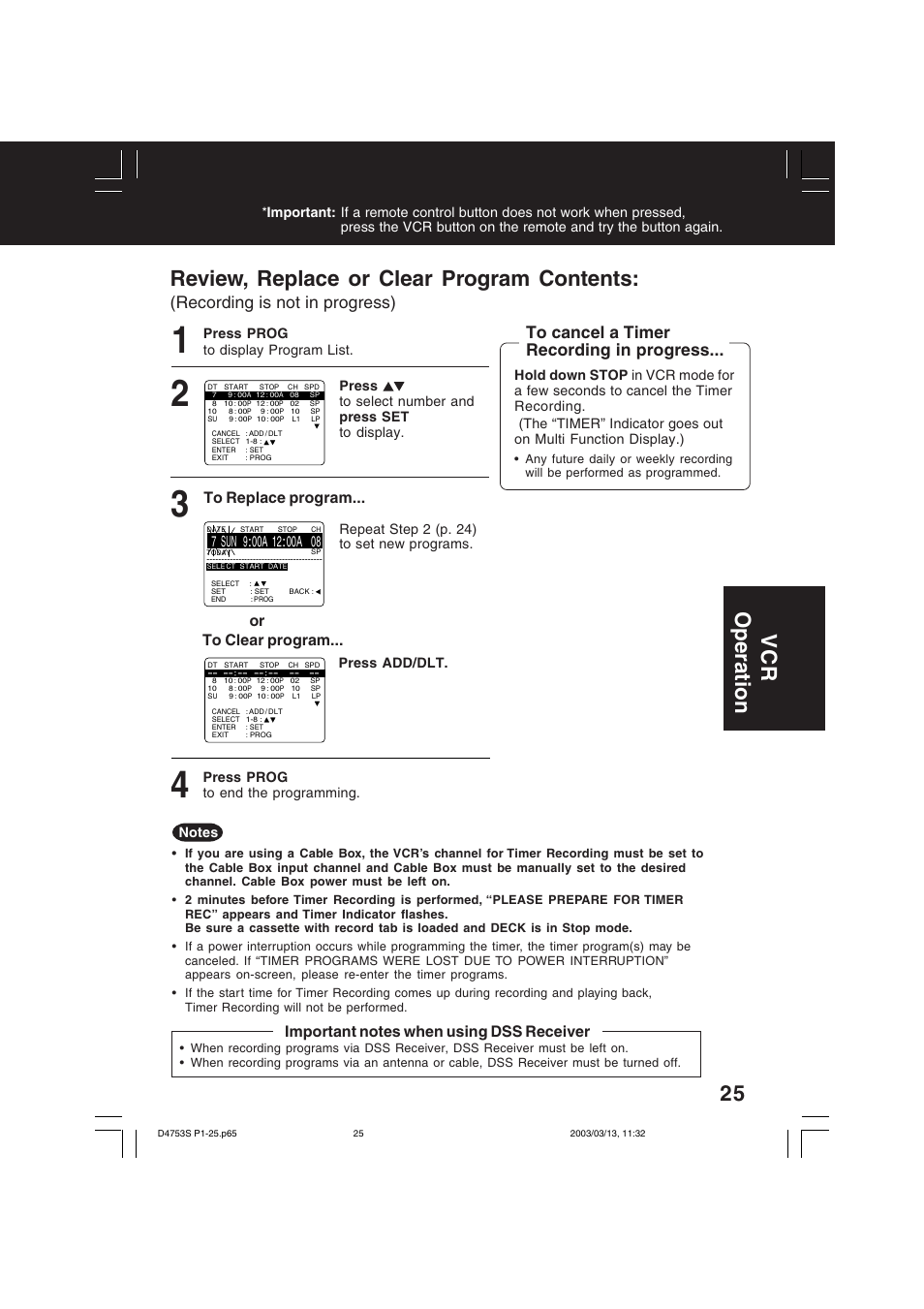 Review, replace or clear program contents, Vcr operation, Recording is not in progress) | Panasonic PV-D4753S User Manual | Page 25 / 68