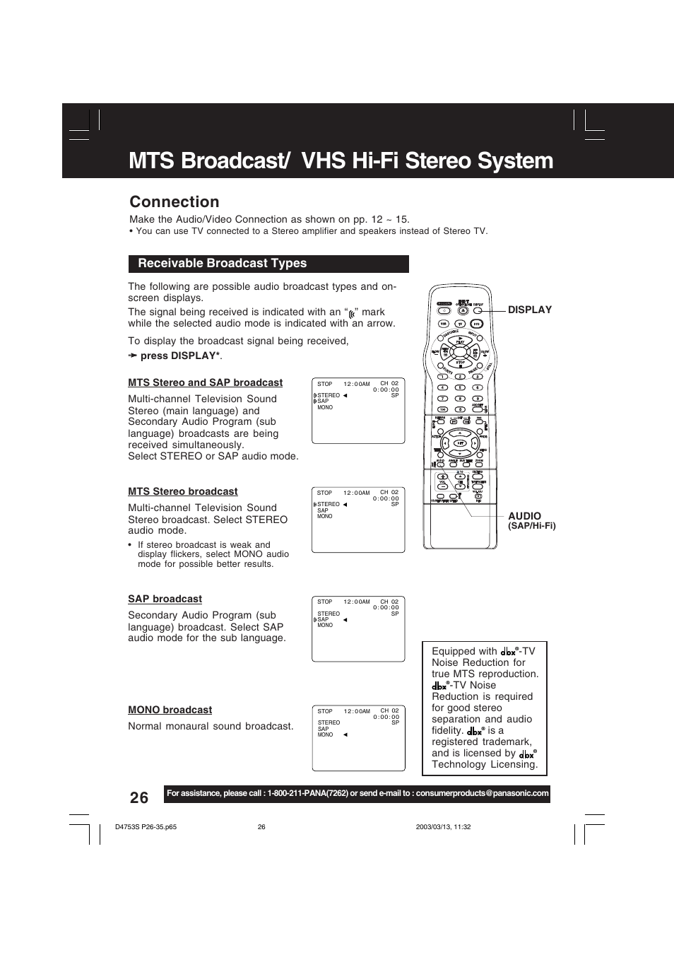 Mts broadcast / vhs hi-fi stereo system, Mts broadcast/ vhs hi-fi stereo system, Connection | Receivable broadcast types | Panasonic PV-D4753S User Manual | Page 26 / 68