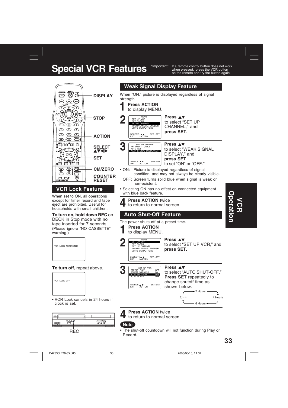 Special vcr features, Vcr operation | Panasonic PV-D4753S User Manual | Page 33 / 68