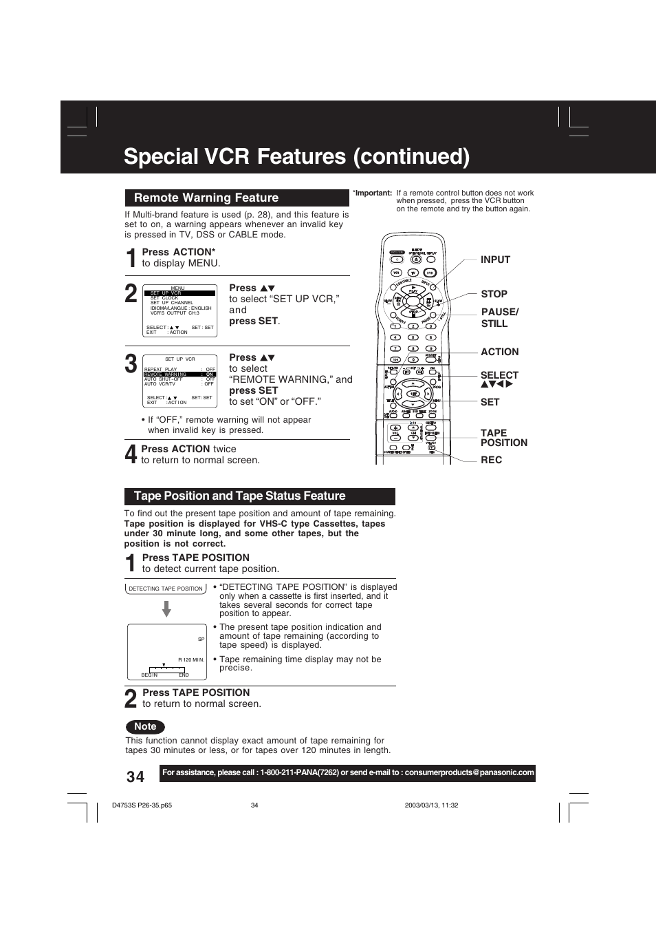 Special vcr features (continued) | Panasonic PV-D4753S User Manual | Page 34 / 68