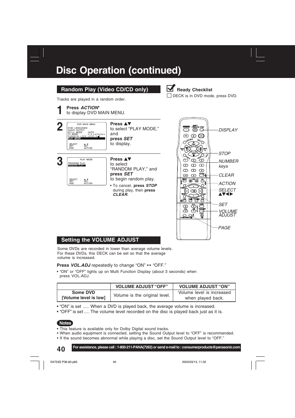 Disc operation (continued), Random play (video cd/cd only), Setting the volume adjust | Panasonic PV-D4753S User Manual | Page 40 / 68