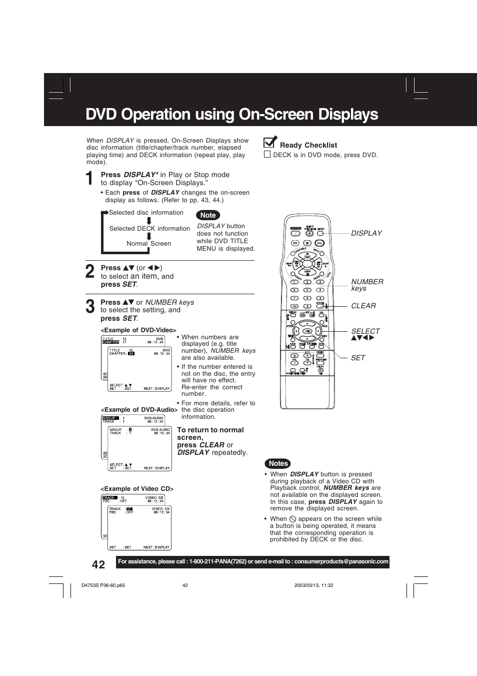 Dvd operation using on-screen displays | Panasonic PV-D4753S User Manual | Page 42 / 68