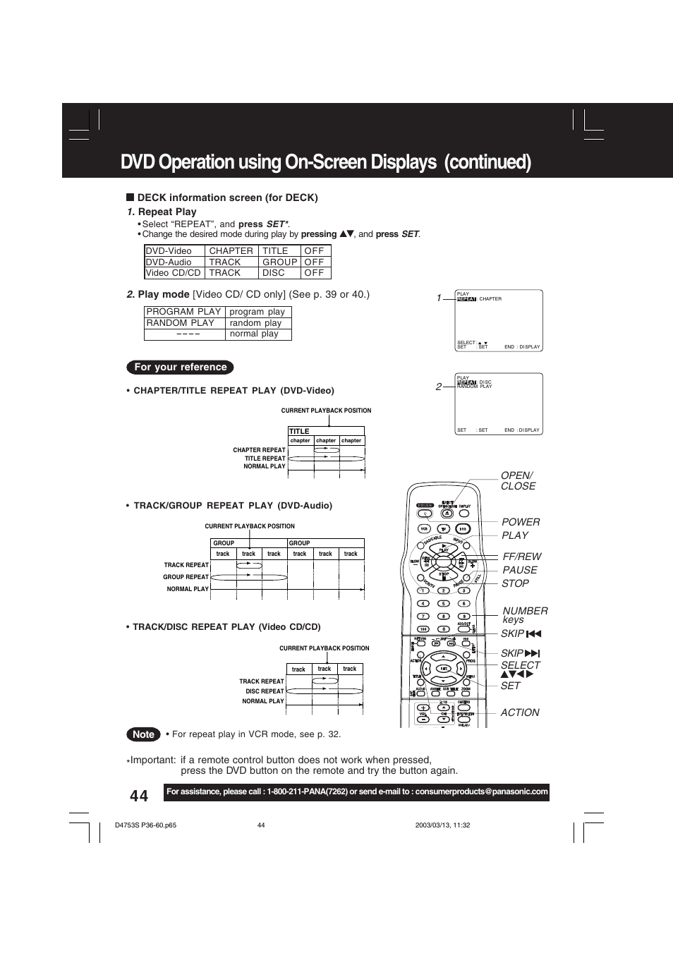Dvd operation using on-screen displays (continued) | Panasonic PV-D4753S User Manual | Page 44 / 68