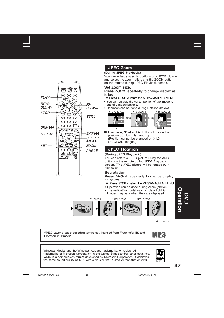 47 dv d operation, Jpeg zoom jpeg rotation | Panasonic PV-D4753S User Manual | Page 47 / 68