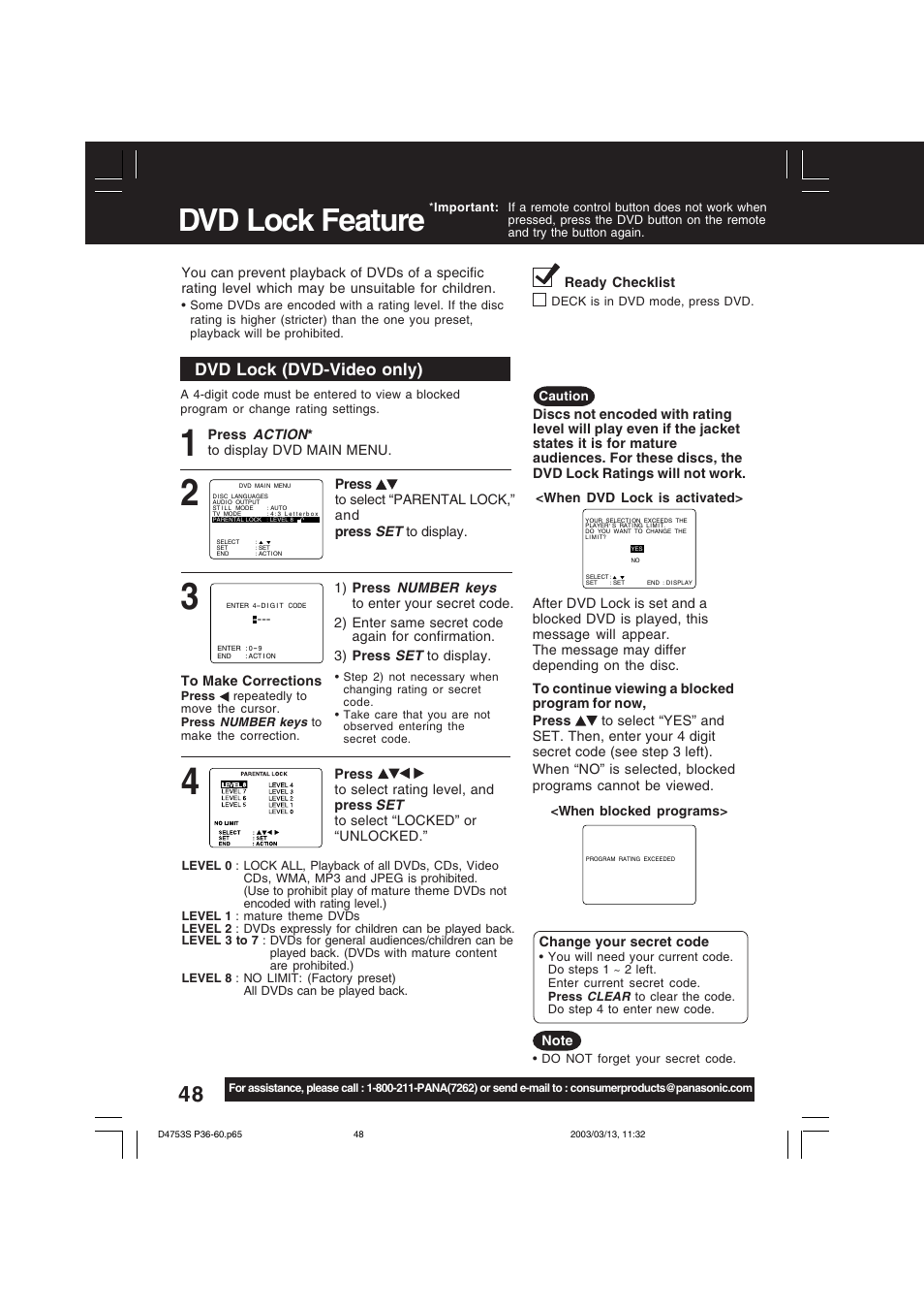 Dvd lock feature, Dvd lock (dvd-video only) | Panasonic PV-D4753S User Manual | Page 48 / 68