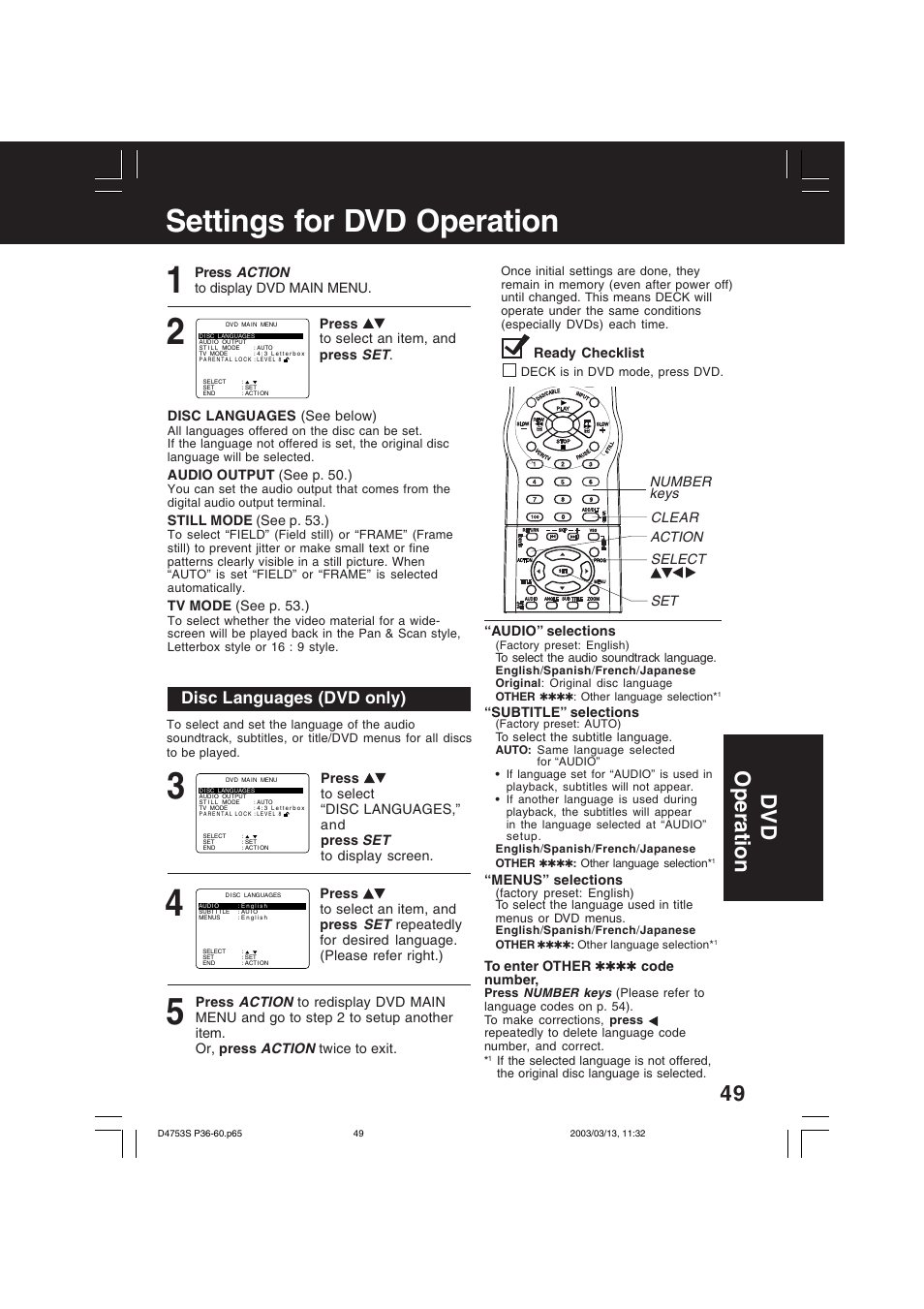 Settings for dvd operation, Dv d operation, Disc languages (dvd only) | Panasonic PV-D4753S User Manual | Page 49 / 68