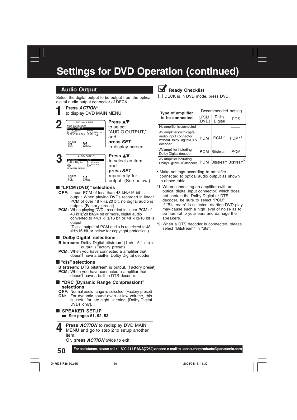 Settings for dvd operation (continued), Audio output | Panasonic PV-D4753S User Manual | Page 50 / 68