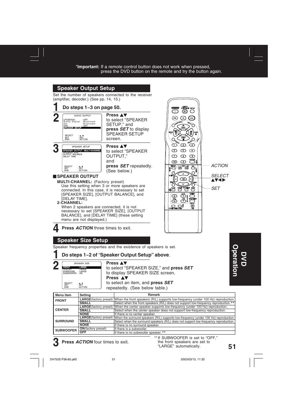 Dv d operation, Speaker output setup, Speaker size setup | Do steps 1~3 on page 50, Do steps 1~2 of “ speaker output setup” above | Panasonic PV-D4753S User Manual | Page 51 / 68