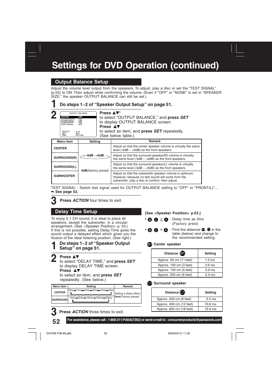 Settings for dvd operation (continued), Output balance setup, Delay time setup | Do steps 1~2 of “speaker output setup” on page 51 | Panasonic PV-D4753S User Manual | Page 52 / 68