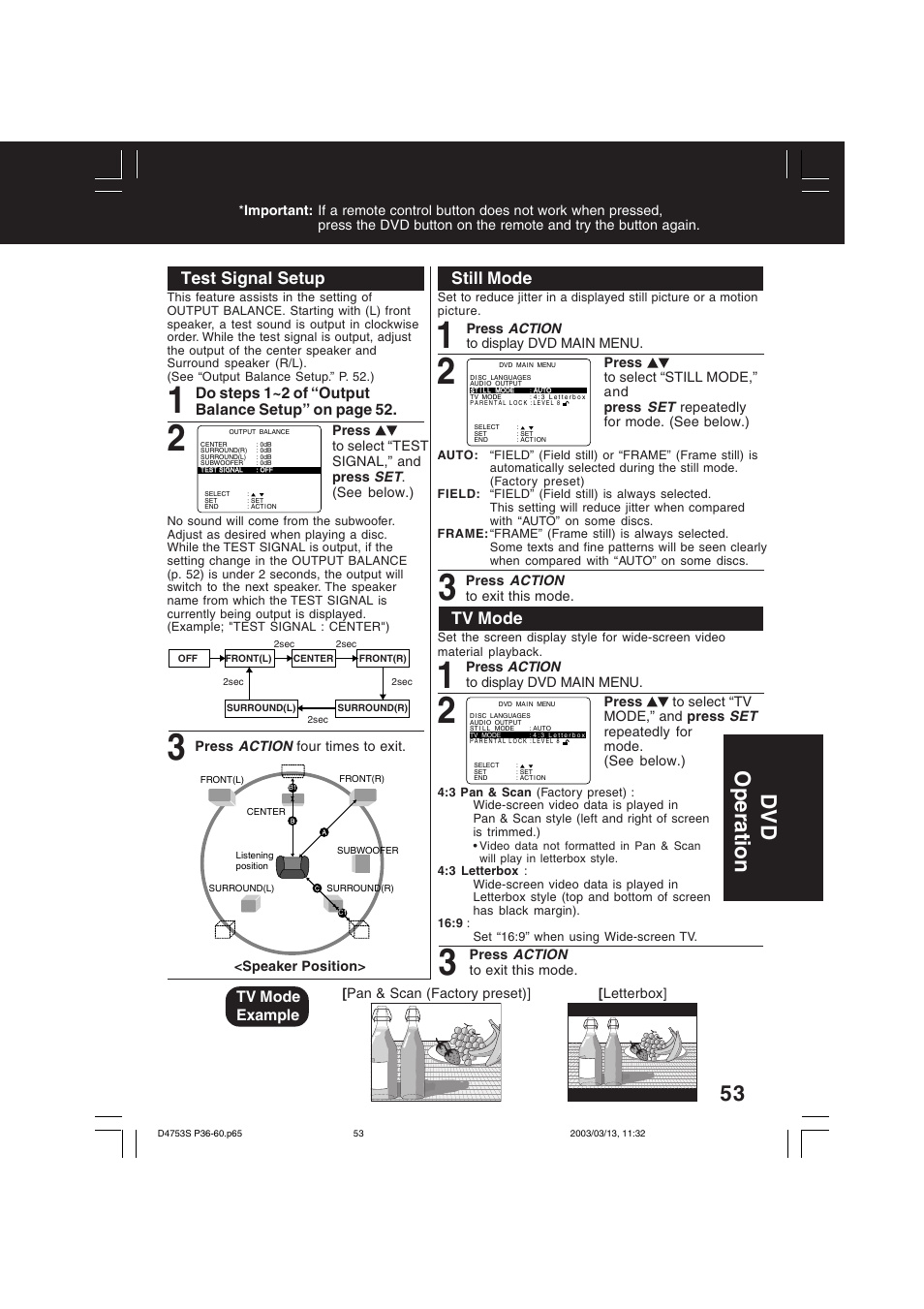 Dv d operation, Test signal setup, Still mode | Tv mode, Tv mode example, Do steps 1~2 of “output balance setup” on page 52 | Panasonic PV-D4753S User Manual | Page 53 / 68