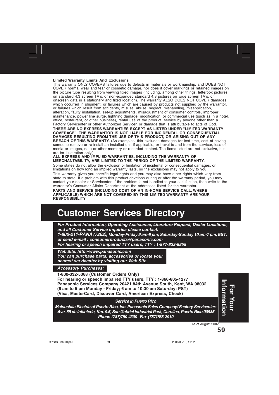 Customer services directory, For y our information | Panasonic PV-D4753S User Manual | Page 59 / 68