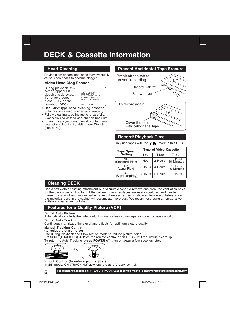 Deck & cassette information, Head cleaning, Cleaning deck | Features for a quality picture (vcr), Video head clog sensor | Panasonic PV-D4753S User Manual | Page 6 / 68