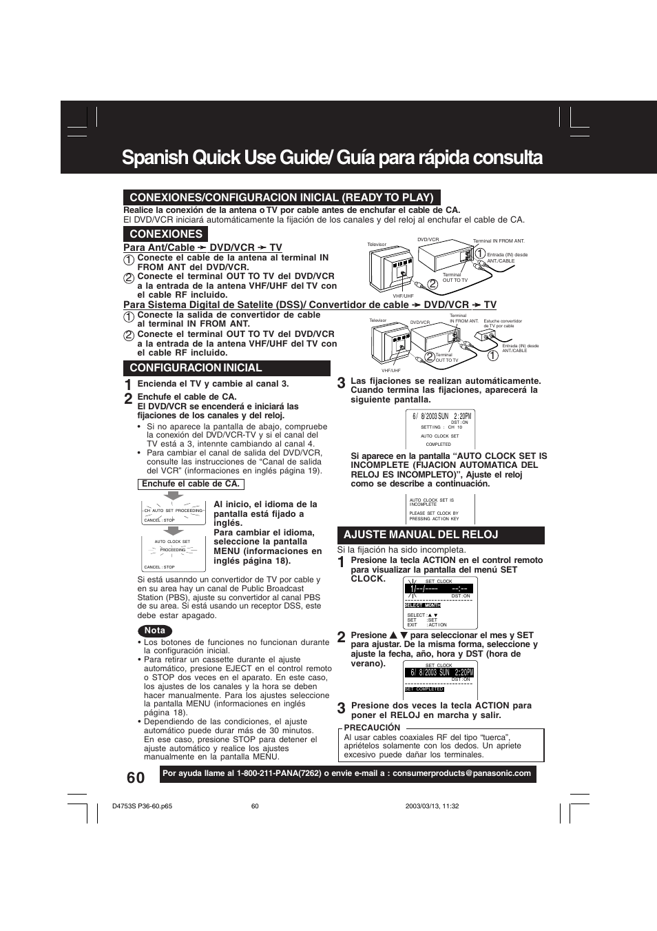 Spanish quick use guide/ guía para rápida consulta, Para ajustar el idioma, canal y, Conexiones/configuracion inicial (ready to play) | Conexiones, 21 2 1 configuracion inicial, Ajuste manual del reloj | Panasonic PV-D4753S User Manual | Page 60 / 68