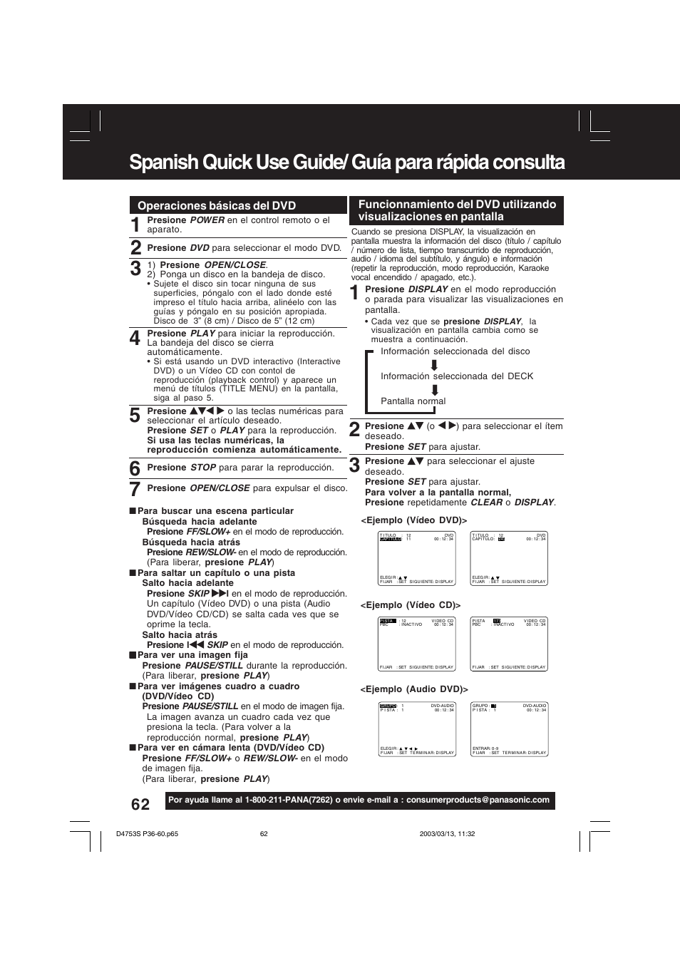 Operaciones básicas del dvd | Panasonic PV-D4753S User Manual | Page 62 / 68