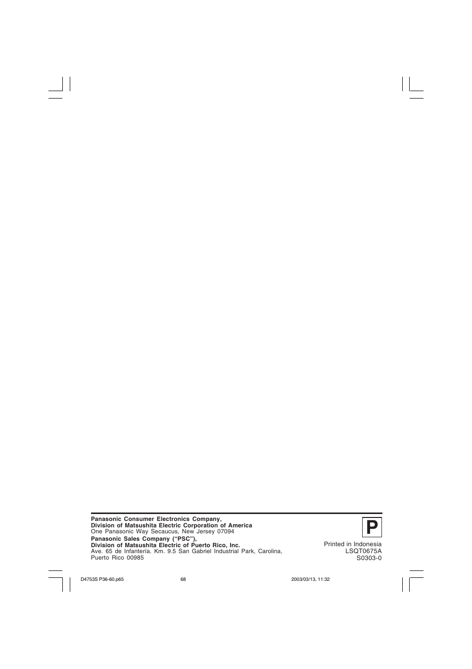 Panasonic PV-D4753S User Manual | Page 68 / 68