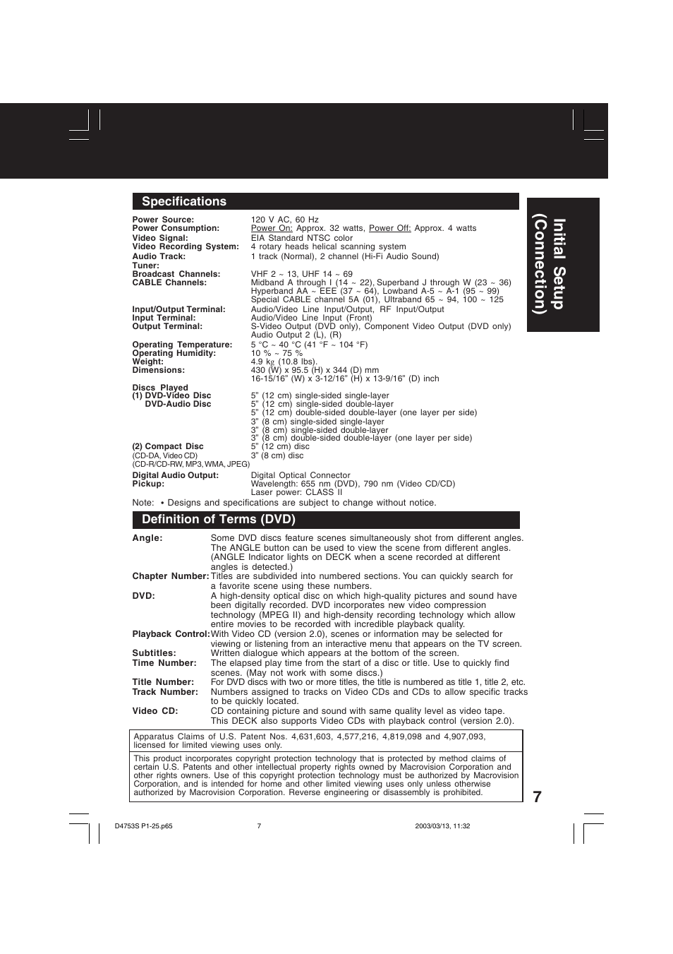 Initial setup (connection), Specifications, Definition of terms (dvd) | Panasonic PV-D4753S User Manual | Page 7 / 68