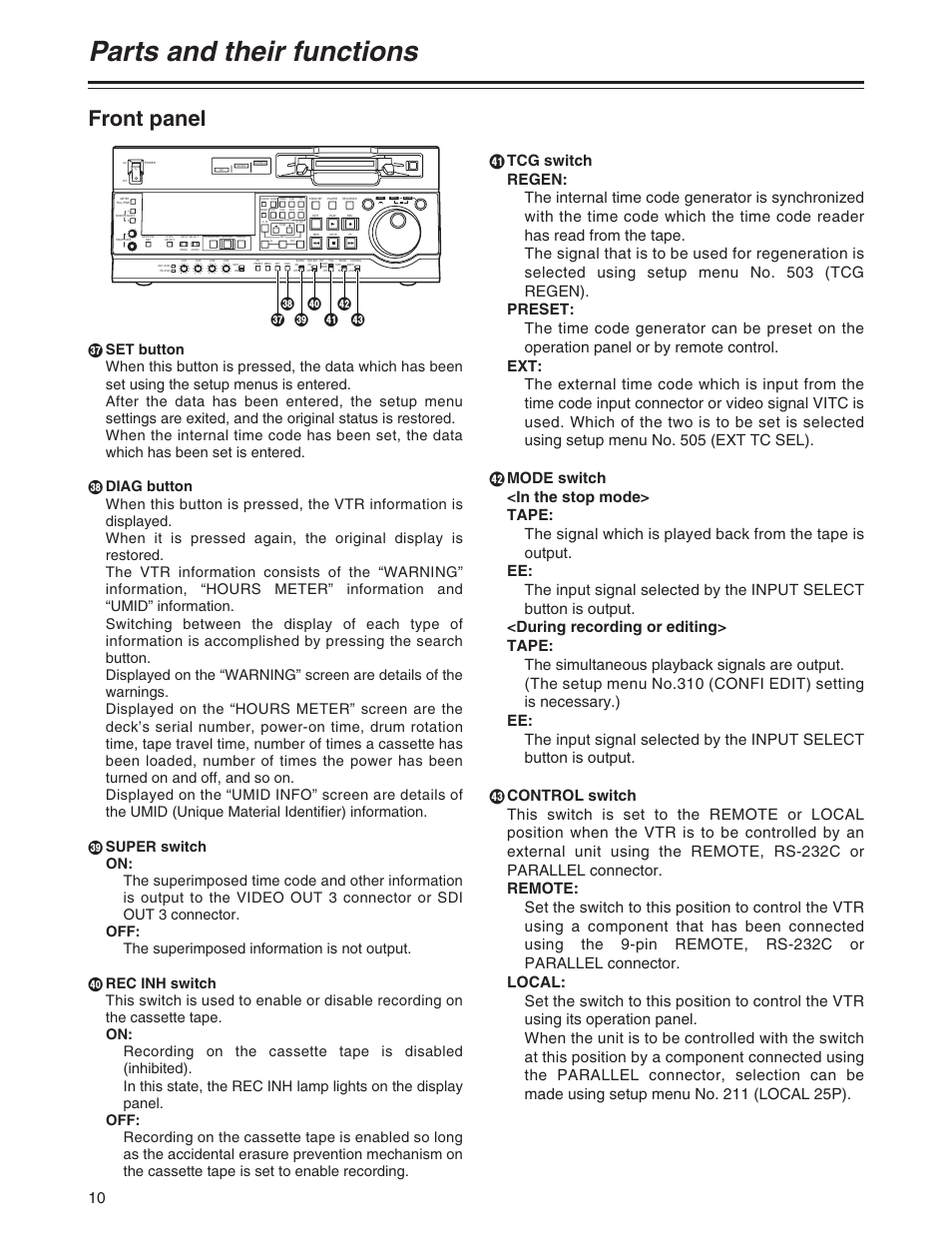 Parts and their functions, Front panel, Wu y [ v x z | Panasonic AJ-SD955BP User Manual | Page 10 / 80