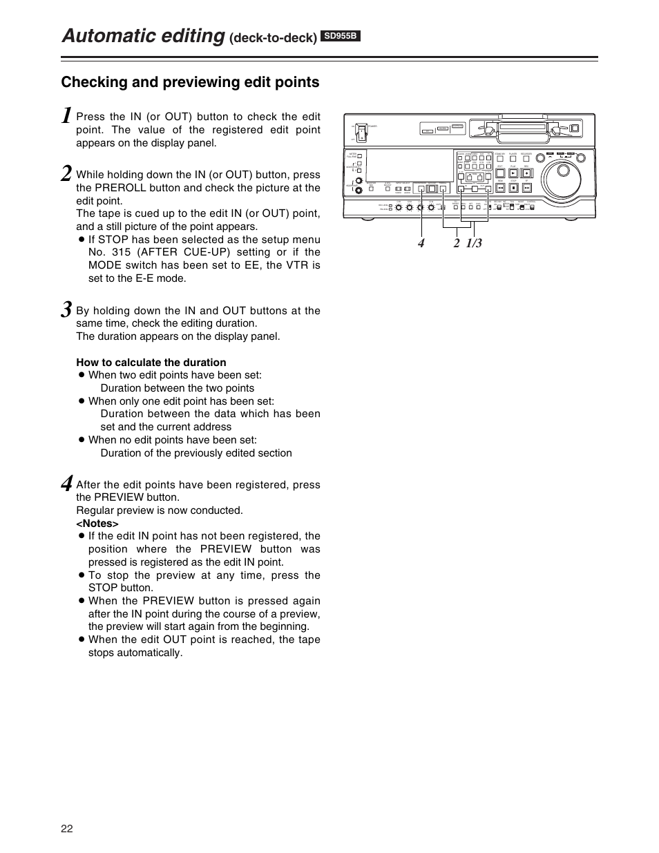 Automatic editing, Checking and previewing edit points, Deck-to-deck) | Sd955b | Panasonic AJ-SD955BP User Manual | Page 22 / 80