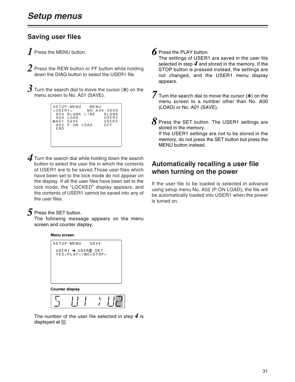 Setup menus | Panasonic AJ-SD955BP User Manual | Page 31 / 80