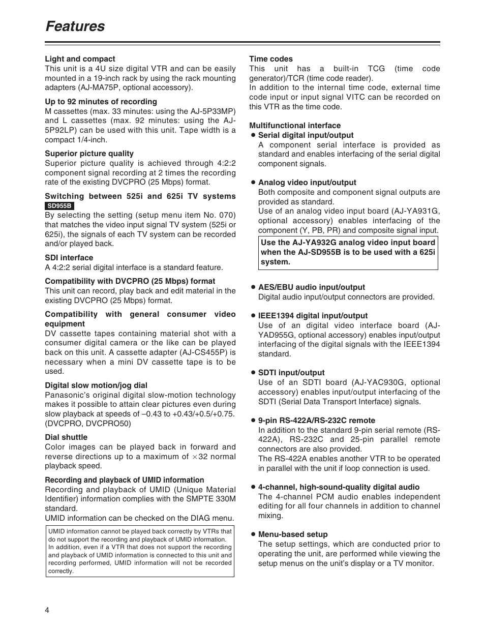 Features | Panasonic AJ-SD955BP User Manual | Page 4 / 80