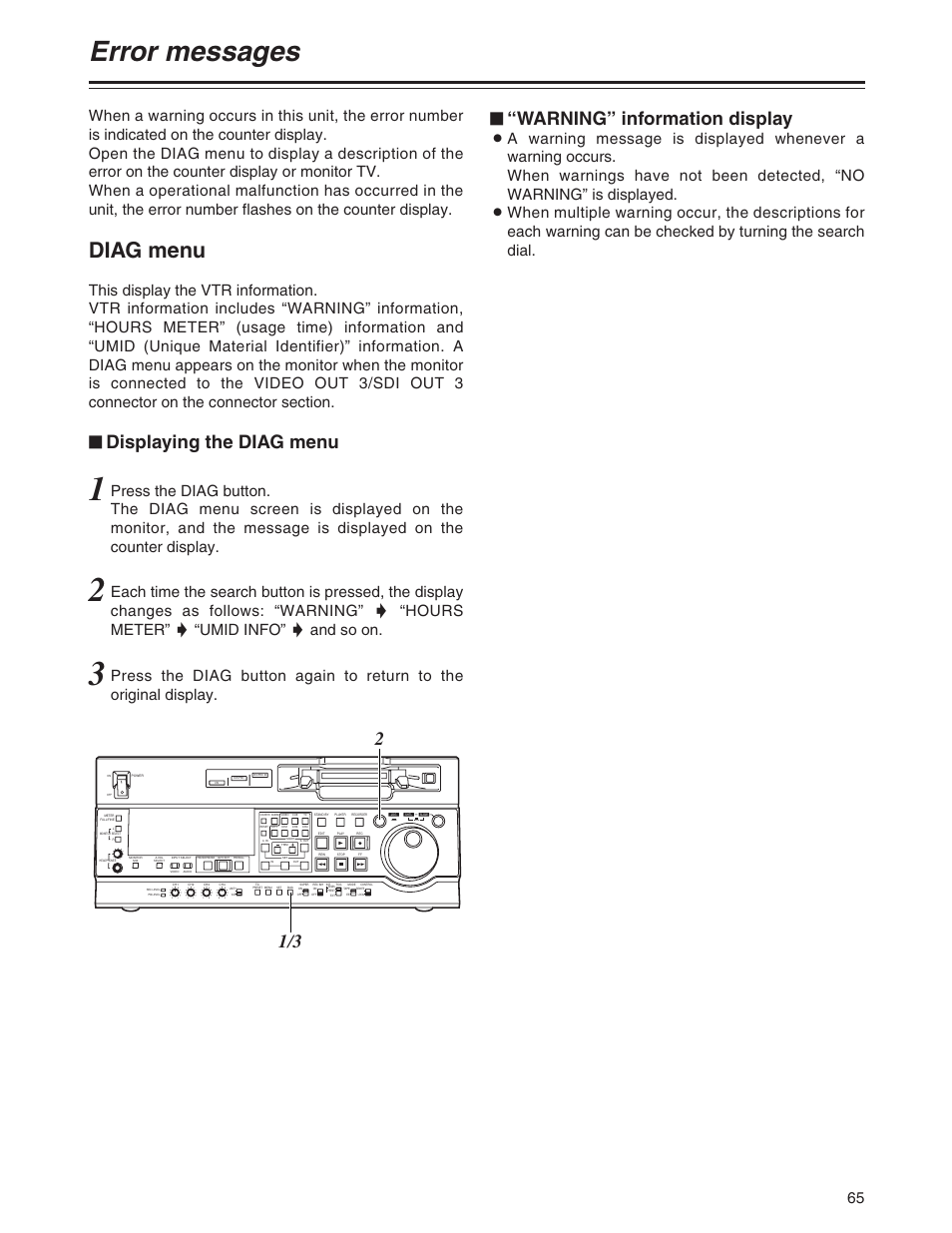 Error messages, Diag menu, Displaying the diag menu | Warning” information display | Panasonic AJ-SD955BP User Manual | Page 65 / 80