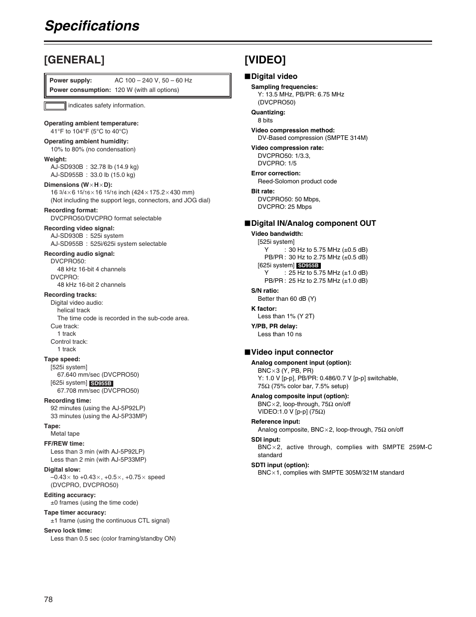 Specifications, General, Video | Panasonic AJ-SD955BP User Manual | Page 78 / 80