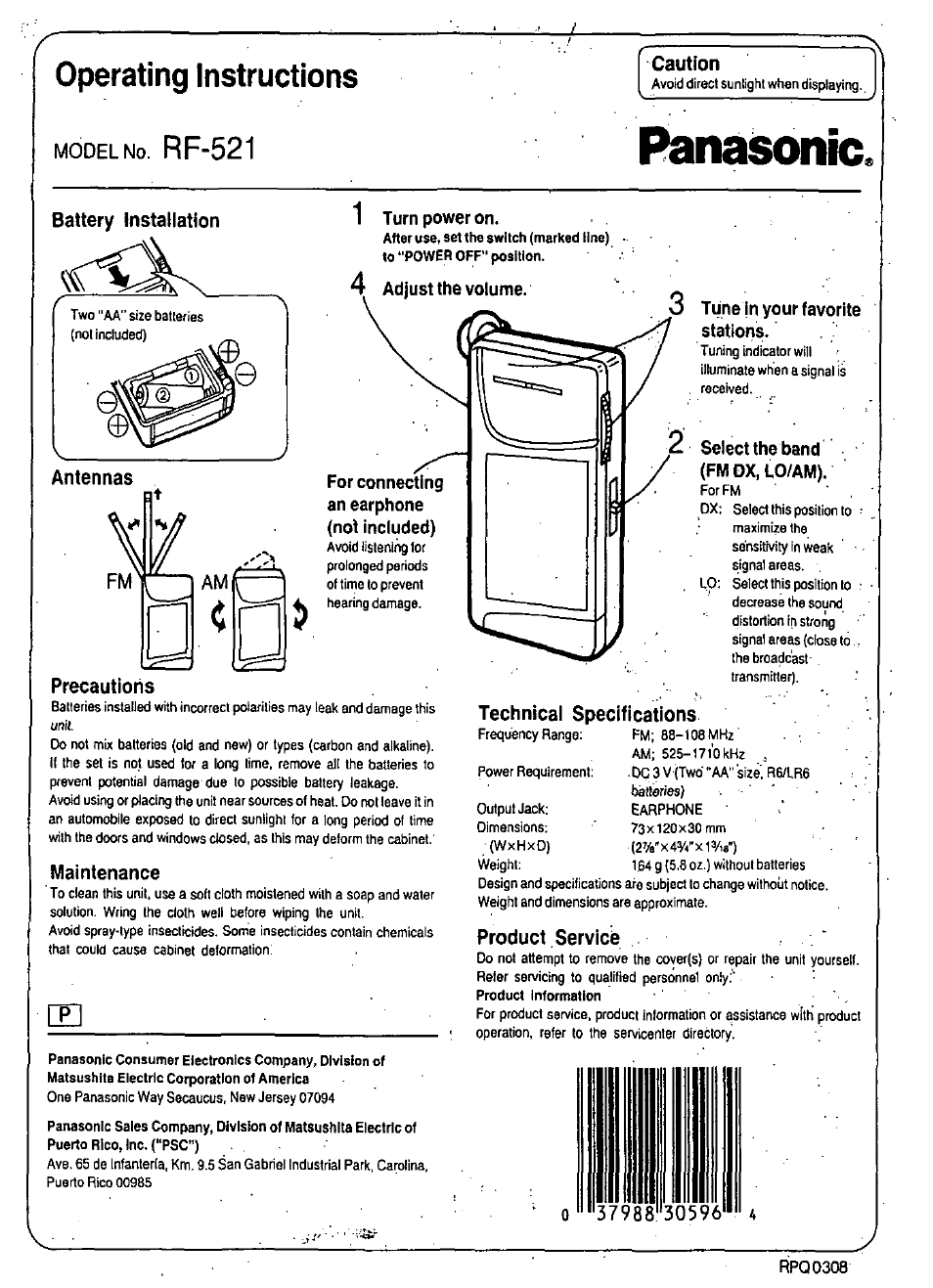 Panasonic RF-521 User Manual | 1 page