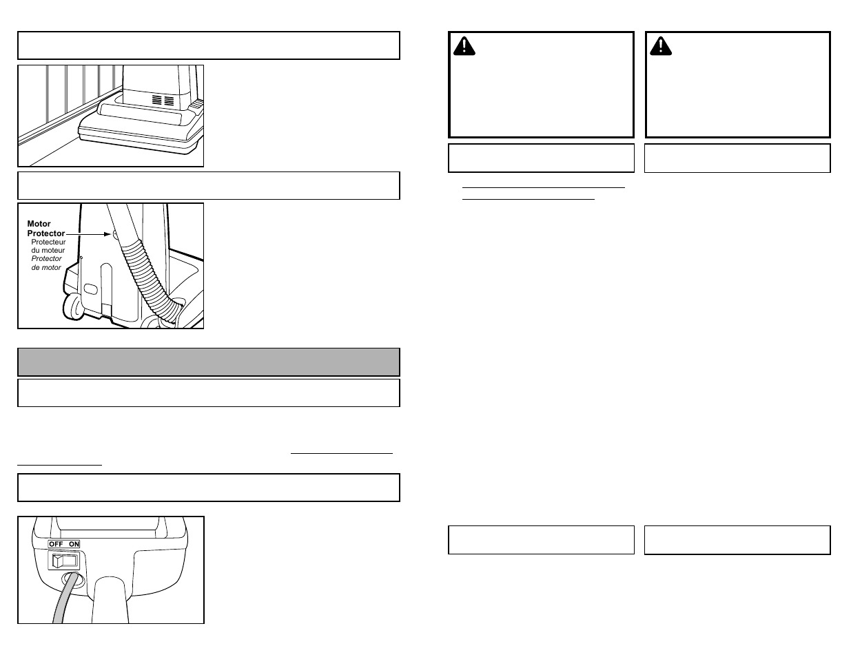 Edge cleaning, Motor protector, To operate cleaner | Power cord, On-off switch, Avertissement, Advertencia | Panasonic MC-V5009 User Manual | Page 16 / 40