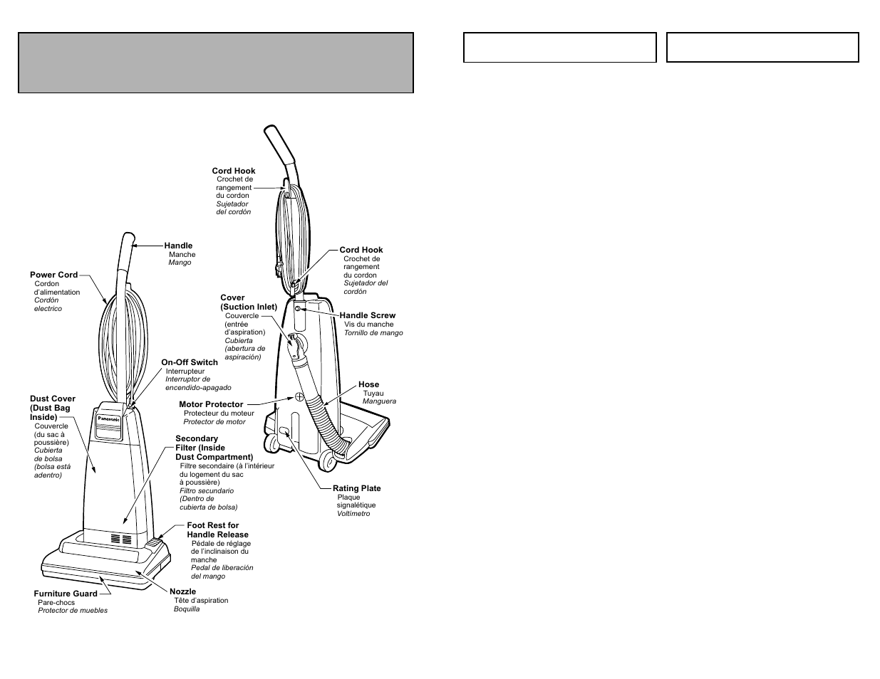 Degagement des obstructions, Quitar de los residuos de basura en los conductos, Parts identification | Nomenclature identificación de piezas | Panasonic MC-V5009 User Manual | Page 31 / 40