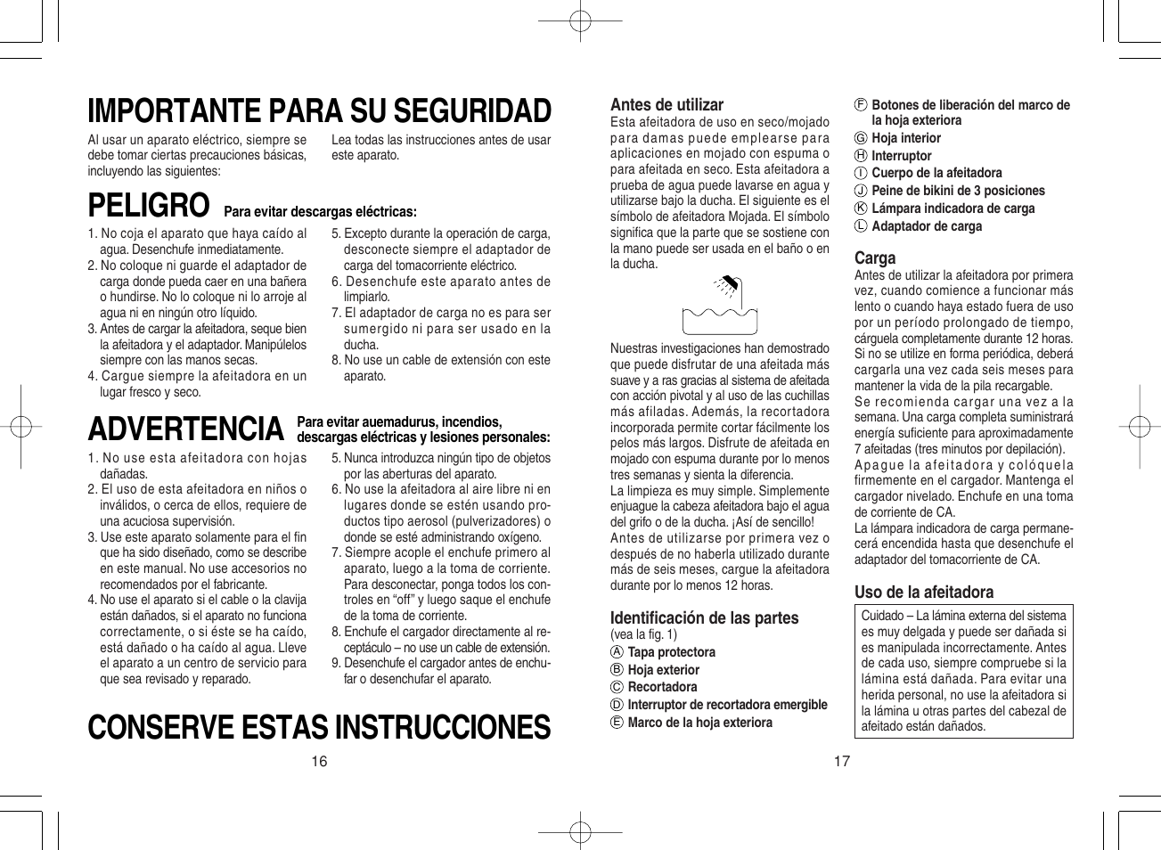 Importante para su seguridad advertencia peligro, Conserve estas instrucciones | Panasonic ES2216 User Manual | Page 10 / 12