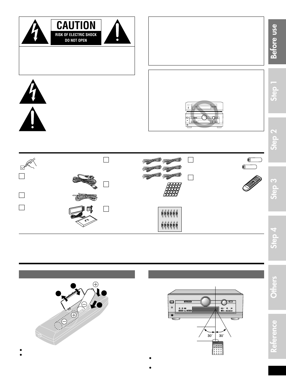 Supplied accessories, The remote control, Step 1 step 2 step 3 before use | Step 4 others reference, Warning, Caution, Batteries, Front l, Front r, Center | Panasonic SC-HT400 User Manual | Page 3 / 20