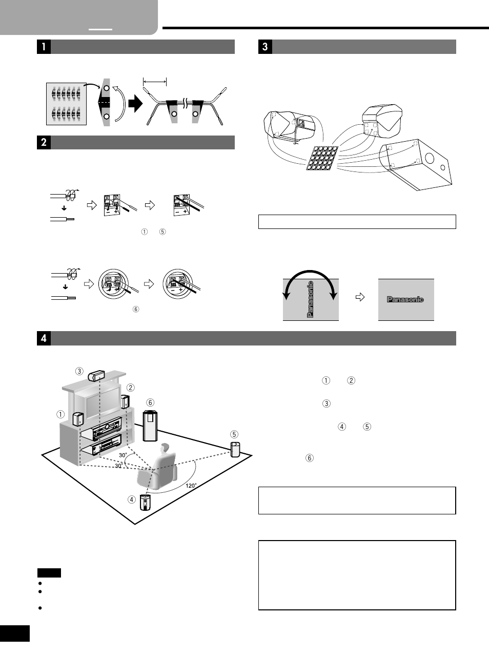 Step 1 - speaker connections, Step, Speaker connections | Connecting speakers and speaker cords, Attach the rubber feet to the speaker, Front speakers ( 1 left 2 right), Center speaker ( 3 ), Surround speakers ( 4 left 5 right), Subwoofer ( 6 ), Small speaker | Panasonic SC-HT400 User Manual | Page 4 / 20