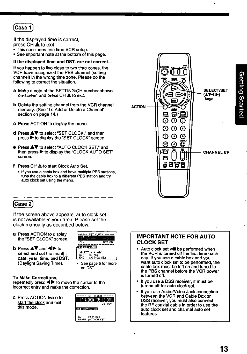 Case 1, Case 2), Important note for auto clock set | Case | Panasonic OMNIVISION PV-8450 User Manual | Page 13 / 36