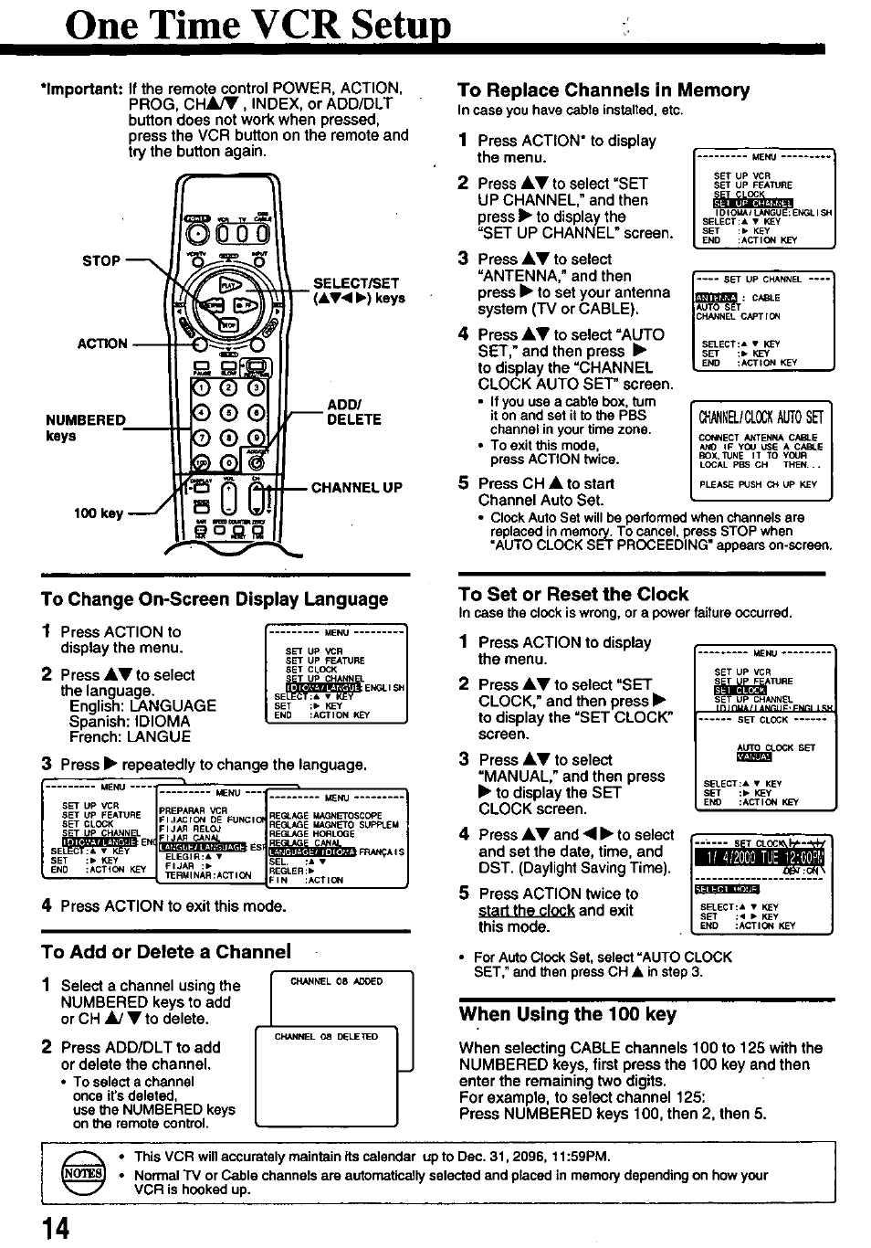 One time vcr setup, To add or delete a channel, To replace channels in memory | To set or reset the clock, When using the 100 key, Mmicm, The_clqck, This | Panasonic OMNIVISION PV-8450 User Manual | Page 14 / 36
