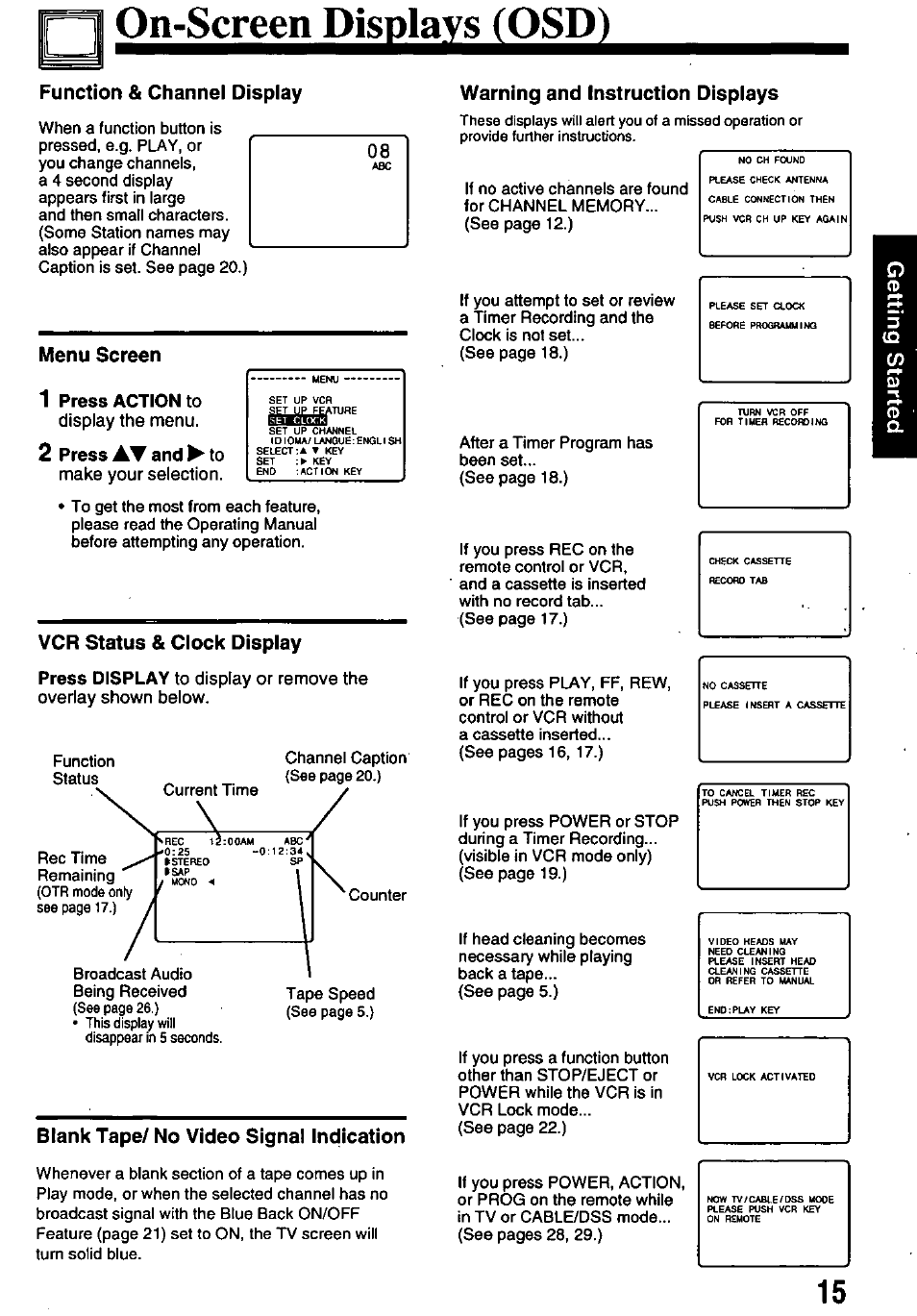 Ц oibscreendisgla, Function & channel display, Menu screen | 1 press action to, Display the menu, 2 press at and ^ to, Make your selection, Vcr status & clock display, Blank tape/ no video signal indication, Warning and instruction displays | Panasonic OMNIVISION PV-8450 User Manual | Page 15 / 36
