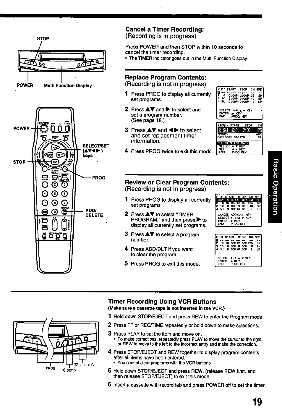 Cancel a timer recording, Replace program contents, Review or clear program contents | Timer recording using vcr buttons, Recording is in progress), Recording is not in progress) | Panasonic OMNIVISION PV-8450 User Manual | Page 19 / 36