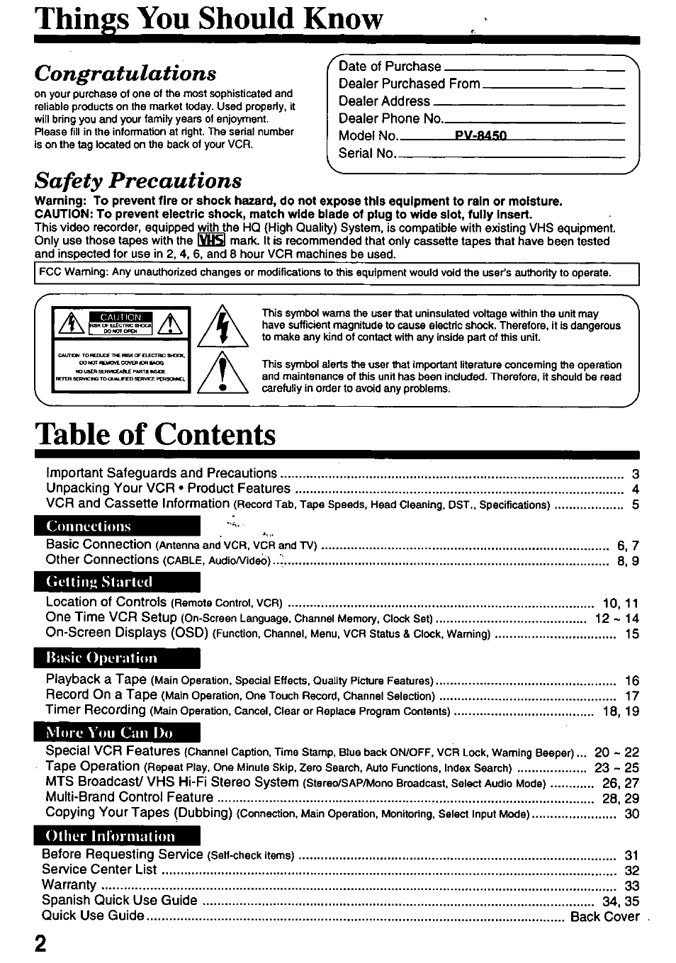 Panasonic OMNIVISION PV-8450 User Manual | Page 2 / 36