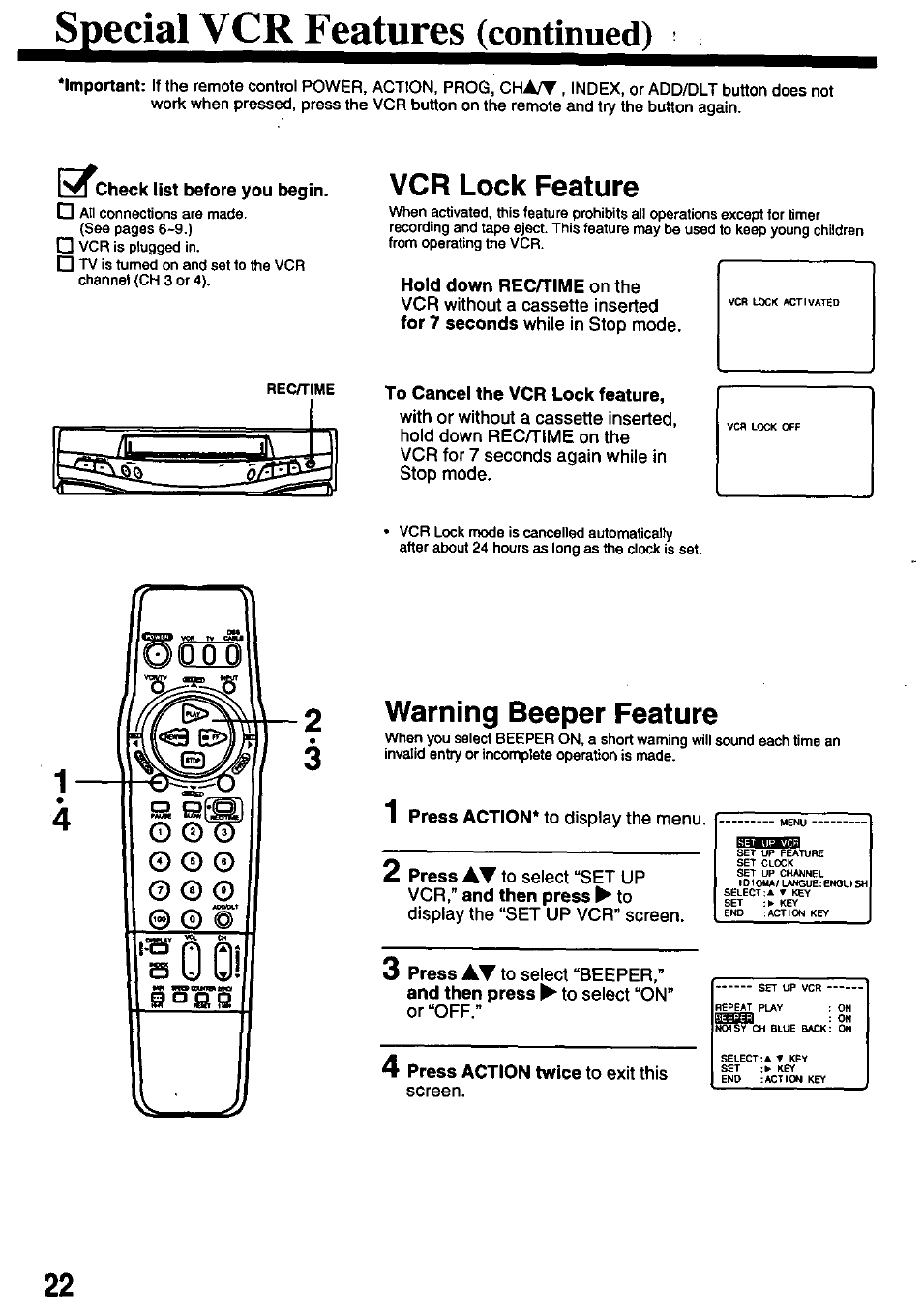 Speciatvc^teature^(contin, N^check list before you begin, Vcr lock feature | To cancel the vcr lock feature, Warning beeper feature | Panasonic OMNIVISION PV-8450 User Manual | Page 22 / 36