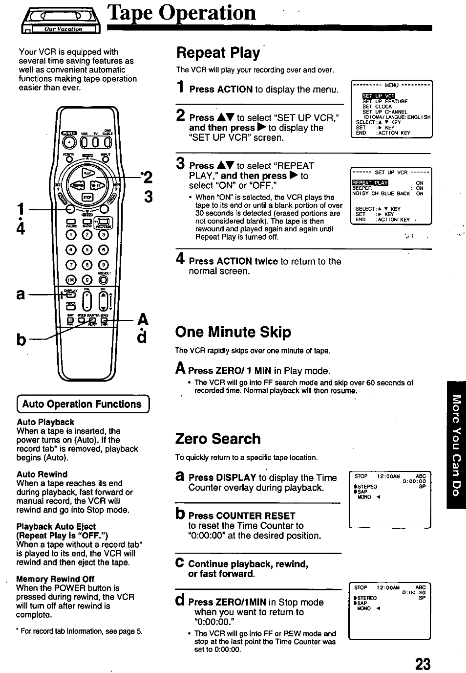 Ì b л таре operation, Repeat play, Play,” and then press ► to | One minute skip, Zero search, B press counter reset, C continue playback, rewind, or fast forward | Panasonic OMNIVISION PV-8450 User Manual | Page 23 / 36