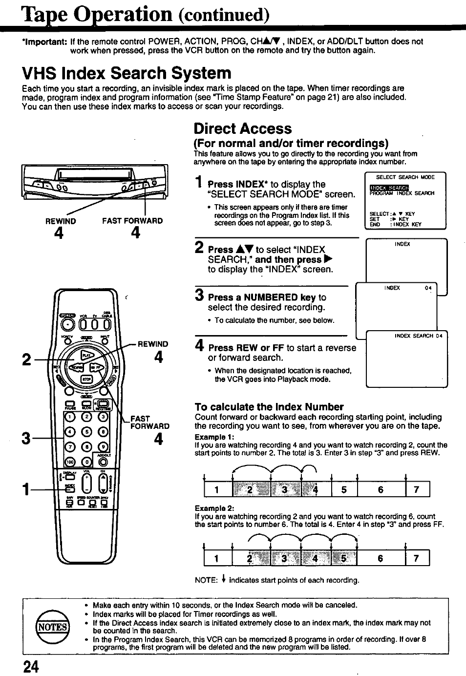 Direct access, For normal and/or timer recordings), 1 press index* to display the | Select search mode" screen, 2 press to select “index, Search," and then press, To display the “index” screen, 3 press a numbered key to, Select the desired recording, 4 press rew or ff to start a reverse | Panasonic OMNIVISION PV-8450 User Manual | Page 24 / 36