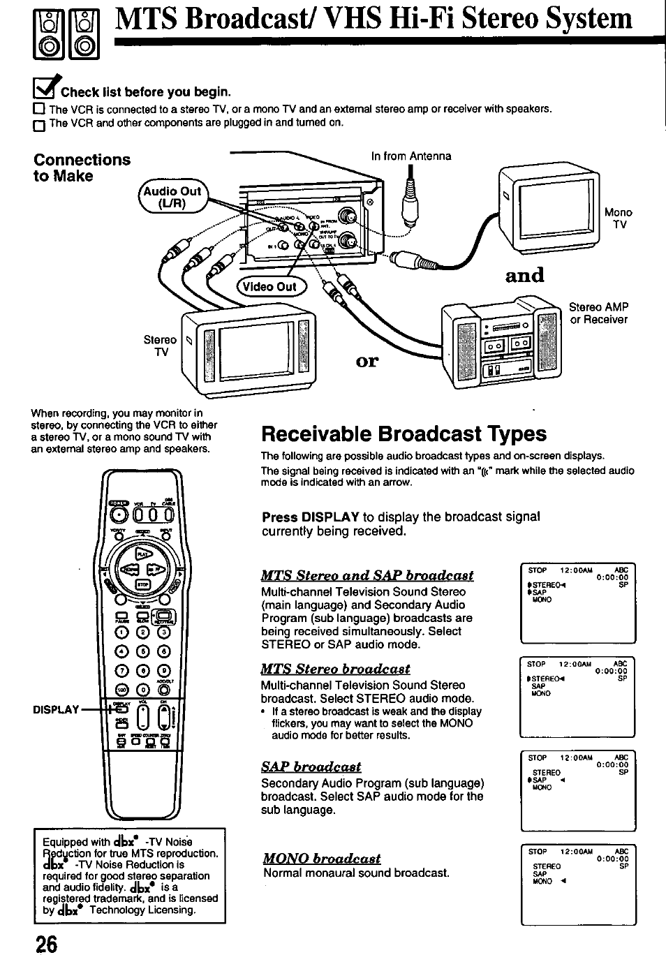 Tohiwl mts broadcast/vhs hi-fi stereo system, 3 check list before you begin, Connections to make | Receivable broadcast types, Afrs, Mts stereo and sap broadcast, Stereo broad4:a8t, Broadcast, Mono broadcast | Panasonic OMNIVISION PV-8450 User Manual | Page 26 / 36